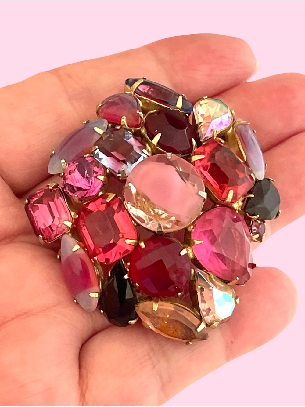 Vintage Mid-Century Multi-Tiered Domed Givre Glass Cluster Brooch